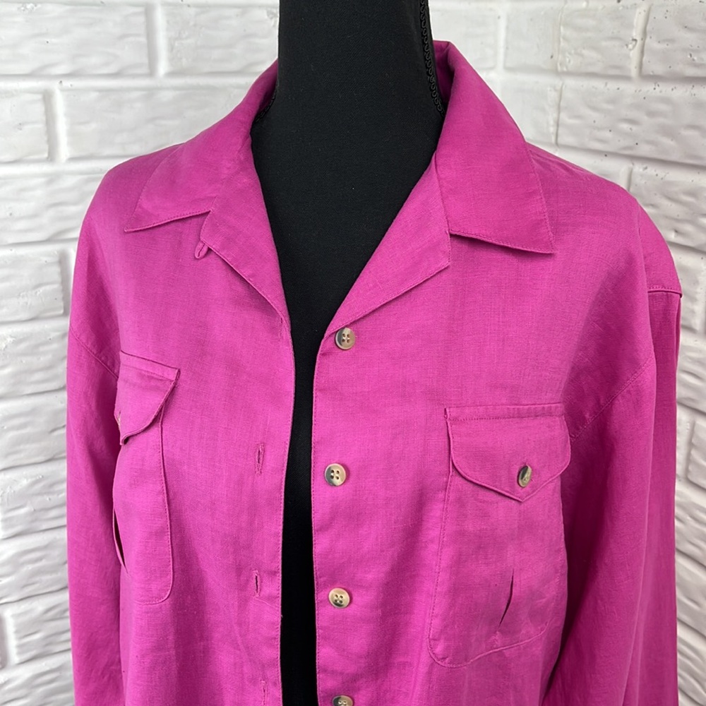RAFAELLA 100% Linen Hot Pink Button Down Blouse size medium NWT - Picture 2 of 16